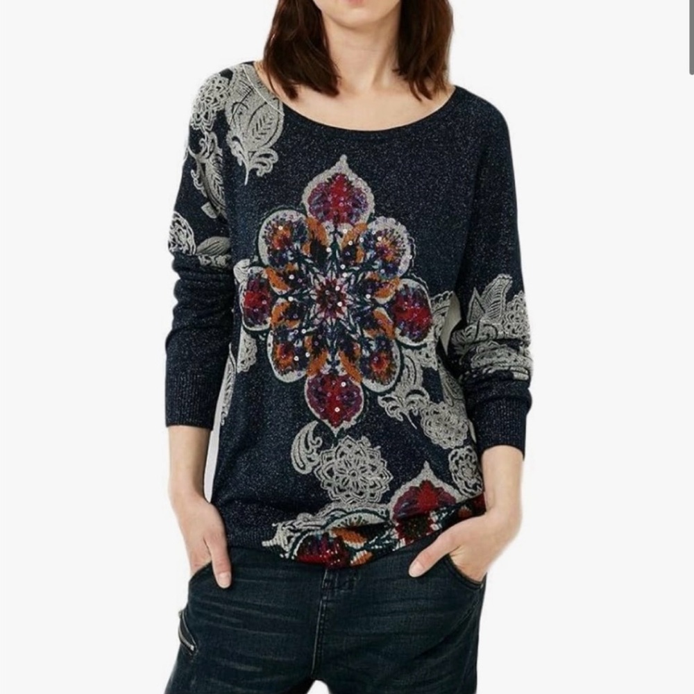 Desigual Metallic Navy Long Sleeve Top